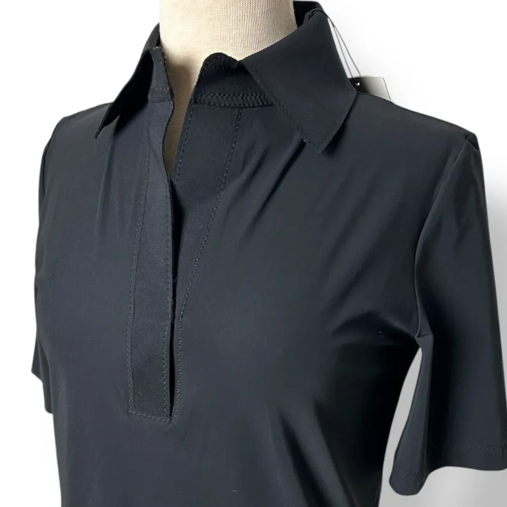NWT SHAN Women's Black Lycra Polo Dress V-Neck Knee Length Short Sleeve Sz 02